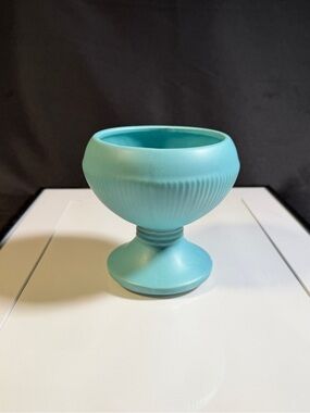 VTG McCoy Pottery Classic Line Round Pedestal Bowl Planter MCM, Matte Aqua